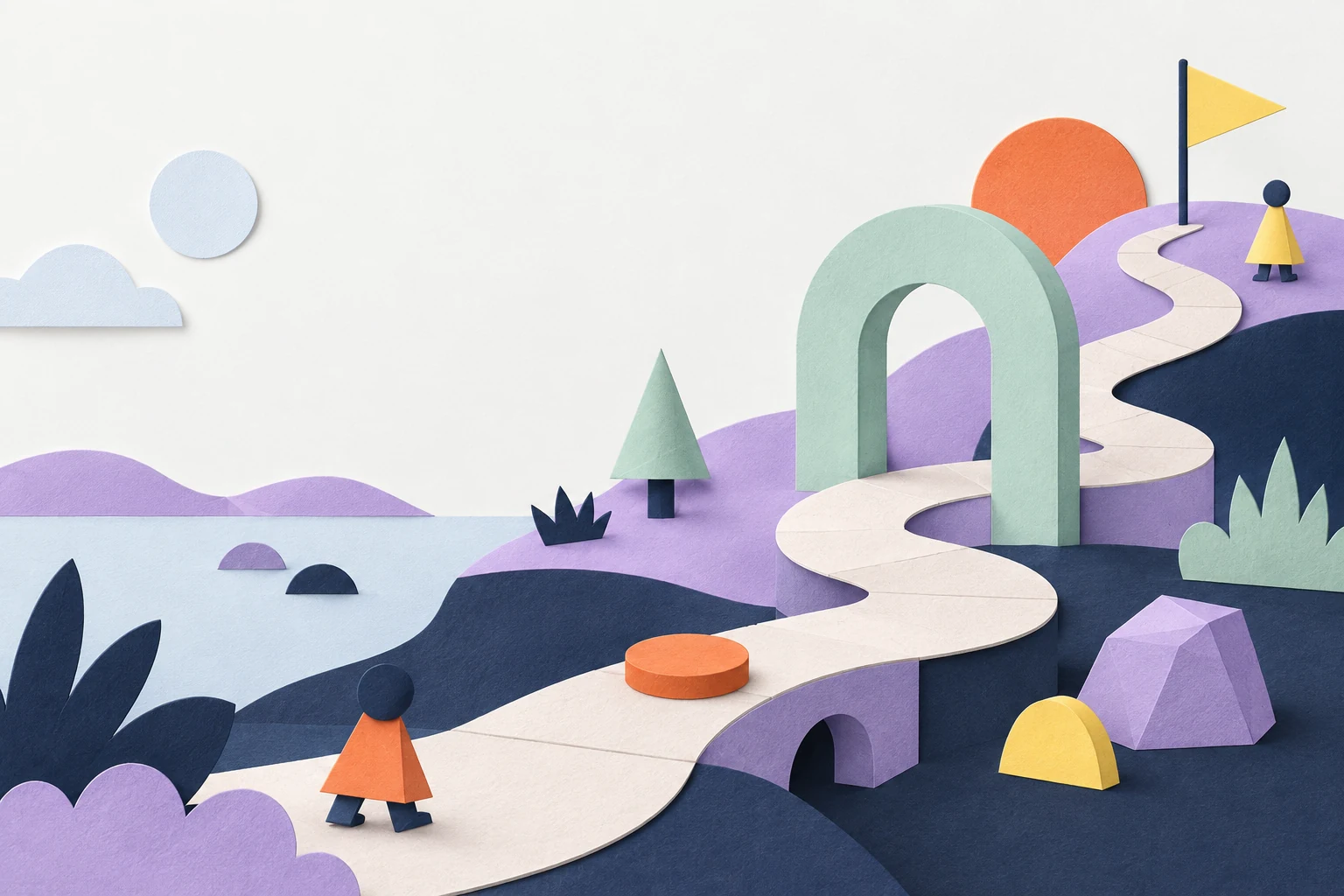 Abstract paper-cut landscape with paths and colorful game tokens